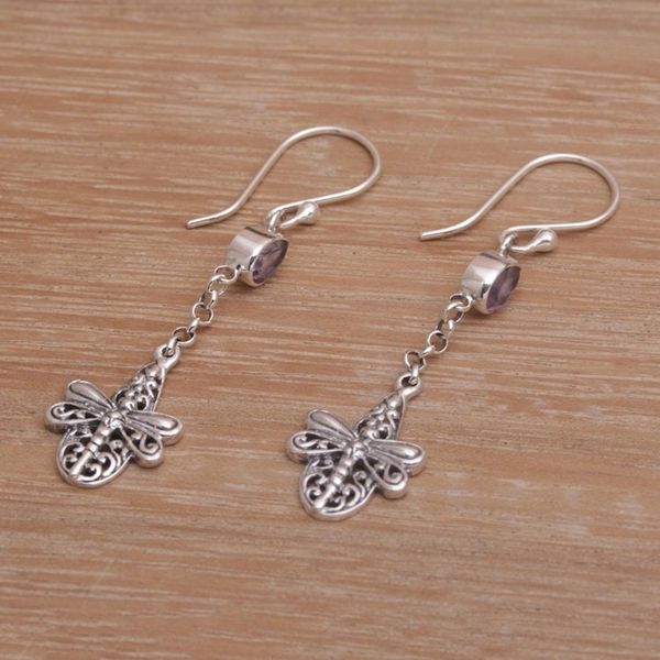 Alternate image for Handmade 925 Sterling Silver Amethyst Dragonfly Earrings Dragonfly Altar