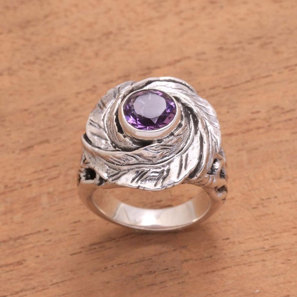 Amethyst and Sterling Silver Nest of Leaves Cocktail Ring 'Cradled in Nature'