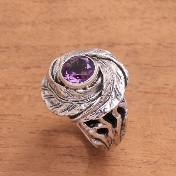 Alternate image for Amethyst and Sterling Silver Nest of Leaves Cocktail Ring Cradled in Nature