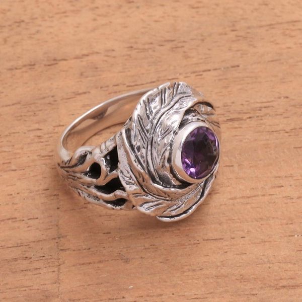 Alternate image for Amethyst and Sterling Silver Nest of Leaves Cocktail Ring Cradled in Nature
