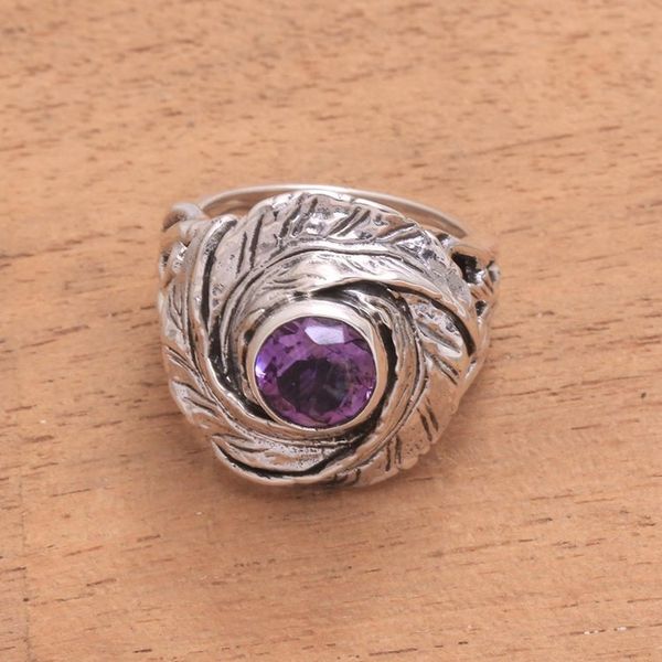 Alternate image for Amethyst and Sterling Silver Nest of Leaves Cocktail Ring Cradled in Nature