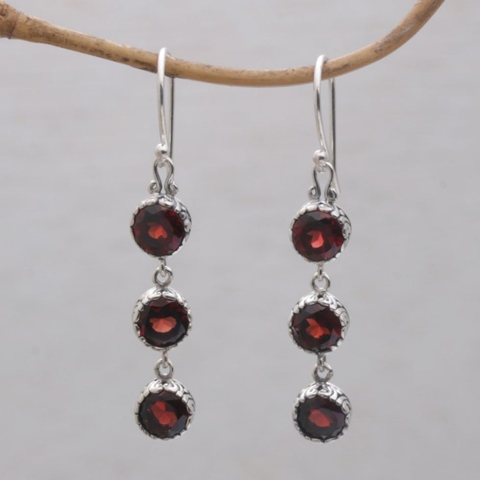 Handmade Balinese Garnet and Sterling Silver Dangle Earrings 'Everlasting Trinity'