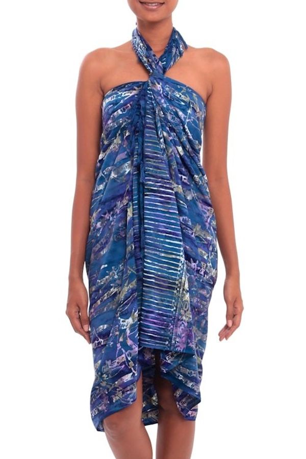Alternate image for Leaf Motif Batik Rayon Sarong in Purple from Bali Dawning Mystery in Purple