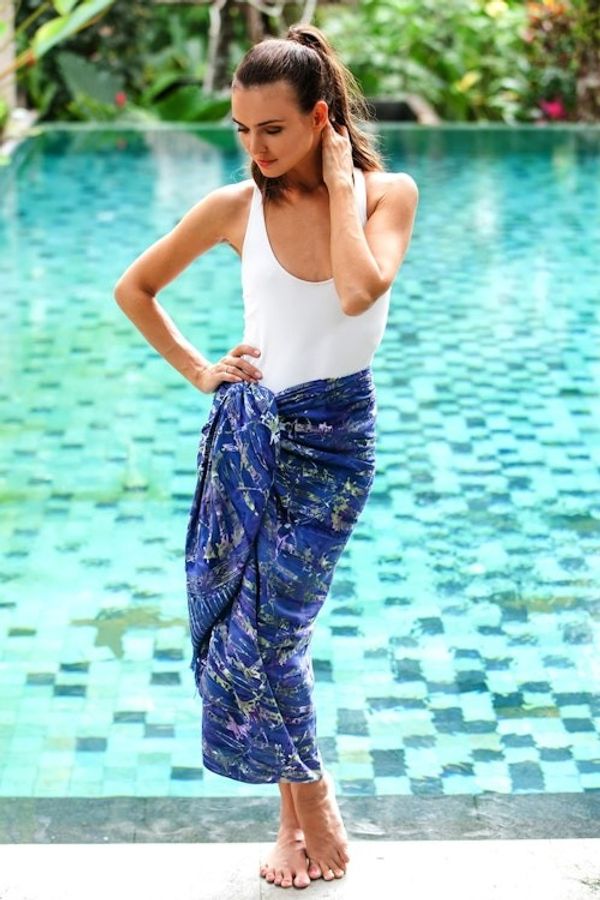 Alternate image for Leaf Motif Batik Rayon Sarong in Purple from Bali Dawning Mystery in Purple