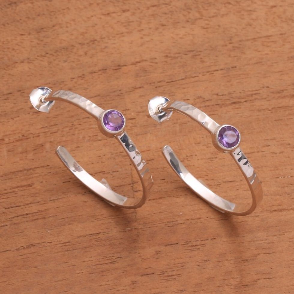 Bali Hammered Sterling Silver Amethyst Half Hoop Earrings 'Mosaic Song'