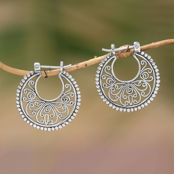 Alternate image for Sterling Silver Hoop Earrings Handcrafted in Bali Swirling Radiance
