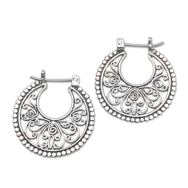 Alternate image for Sterling Silver Hoop Earrings Handcrafted in Bali Swirling Radiance