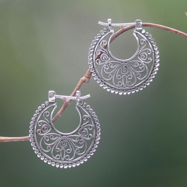 Alternate image for Sterling Silver Hoop Earrings Handcrafted in Bali Swirling Radiance