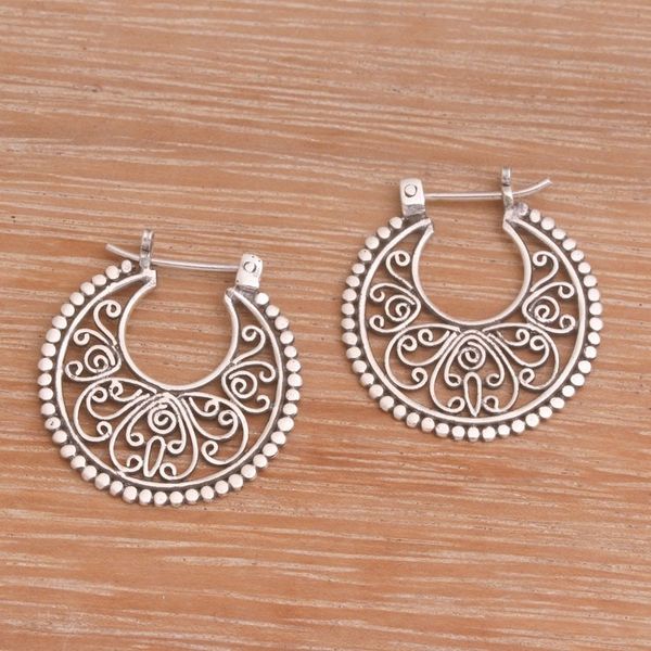 Alternate image for Sterling Silver Hoop Earrings Handcrafted in Bali Swirling Radiance