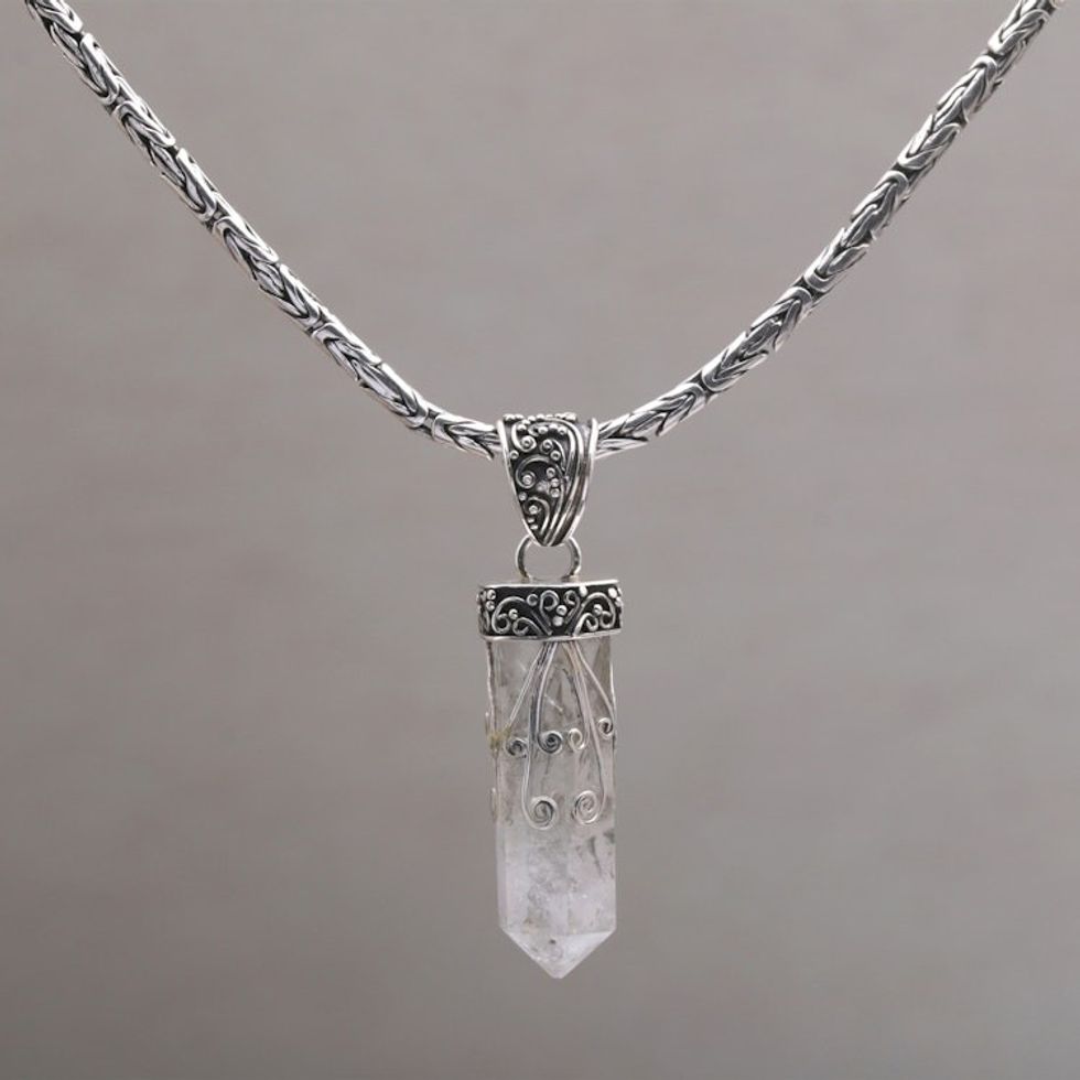 Handmade 925 Sterling Silver Quartz Pendant Chain Necklace 'Crystalline Fern'