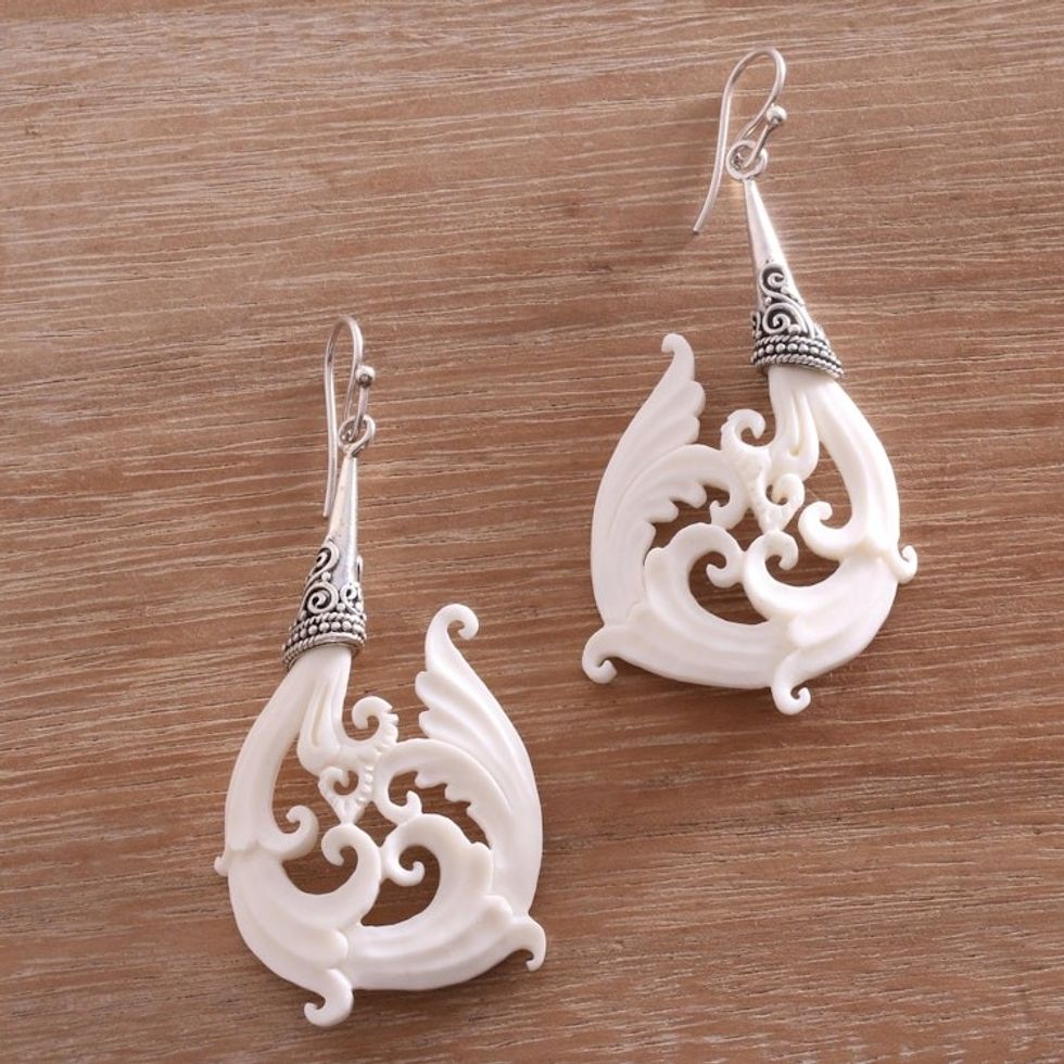 Bone and Sterling Silver Dangle Earrings from Bali 'Temple Frills'