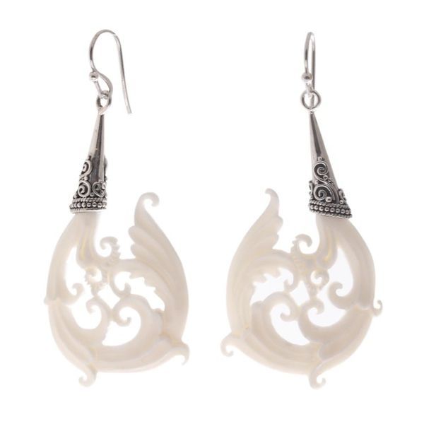 Alternate image for Bone and Sterling Silver Dangle Earrings from Bali Temple Frills