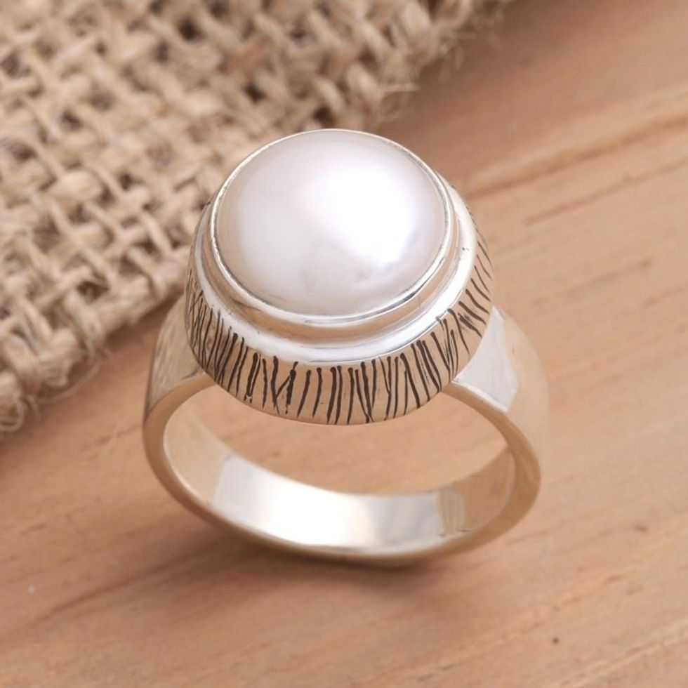 Cultured Pearl Cocktail Ring Crafted in Bali 'Glowing Button'