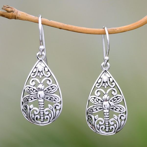 Alternate image for Sterling Silver Dragonfly Dangle Earrings from Bali Lone Dragonfly