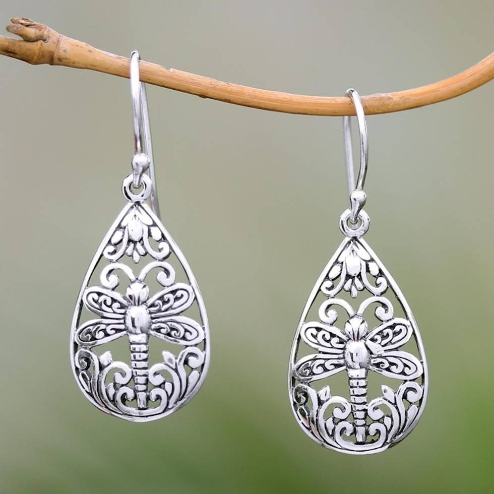 Sterling Silver Dragonfly Dangle Earrings from Bali 'Lone Dragonfly'