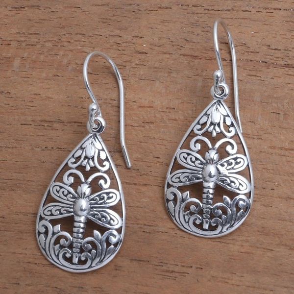 Alternate image for Sterling Silver Dragonfly Dangle Earrings from Bali Lone Dragonfly