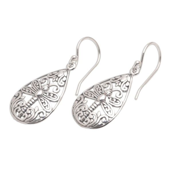Alternate image for Sterling Silver Dragonfly Dangle Earrings from Bali Lone Dragonfly