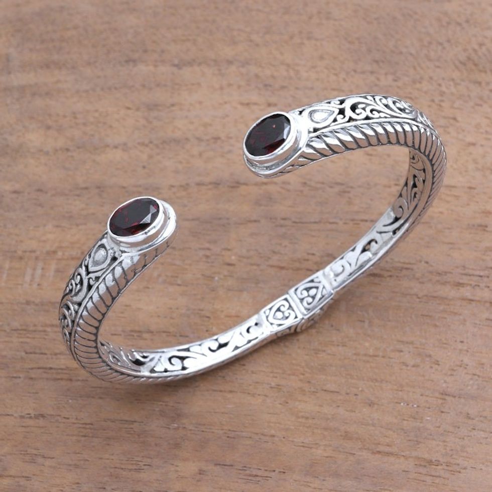 Garnet Sterling Silver Scroll and Rope Motif Cuff Bracelet 'Treasure Trove'