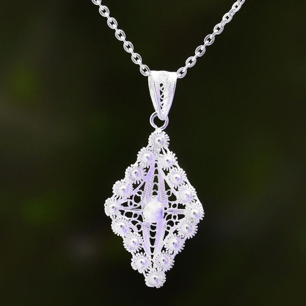 Sterling Silver Filigree Rhombus Necklace from Java 'Starry Rhombus'