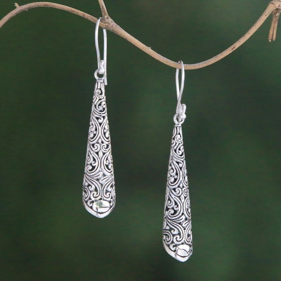 Drop-Shaped Sterling Silver Dangle Earrings from Bali 'Vines Unbound'
