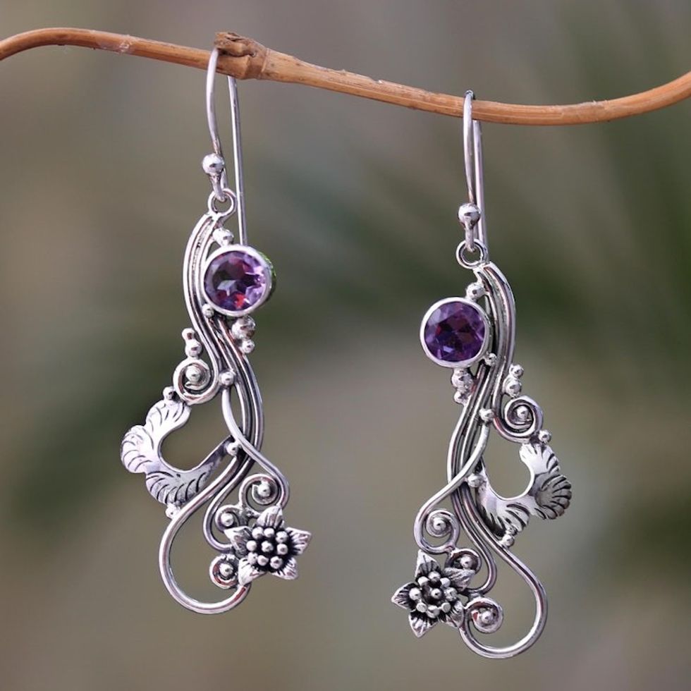 Floral Amethyst Dangle Earrings Crafted in Bali 'Flower Tendrils'