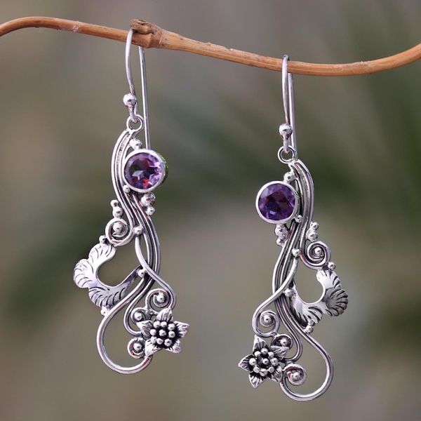 Alternate image for Floral Amethyst Dangle Earrings Crafted in Bali Flower Tendrils