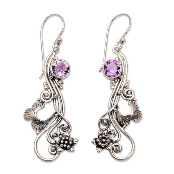 Alternate image for Floral Amethyst Dangle Earrings Crafted in Bali Flower Tendrils