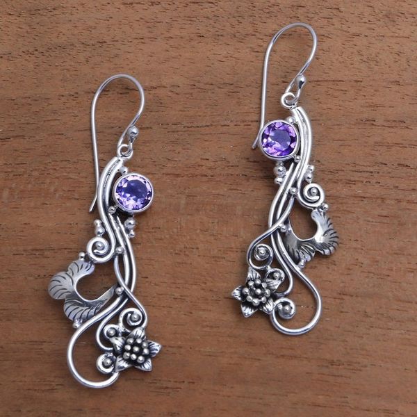 Alternate image for Floral Amethyst Dangle Earrings Crafted in Bali Flower Tendrils