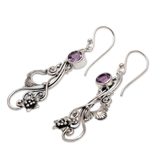 Alternate image for Floral Amethyst Dangle Earrings Crafted in Bali Flower Tendrils