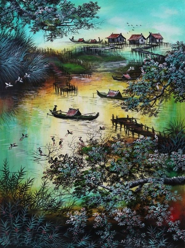 Alternate image for Signed Impressionist Painting of a Lake from Java Java Lake