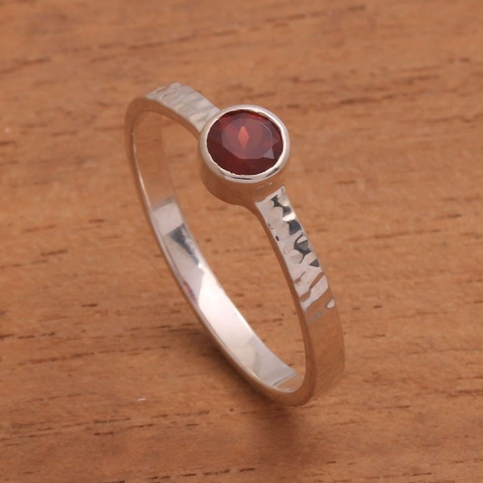 Garnet and Sterling Silver Hammered Solitaire Ring 'Pretty Paradox'