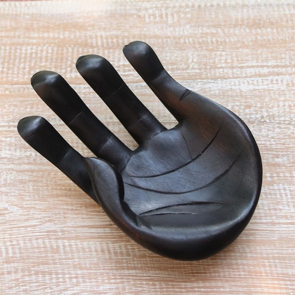 Hand-Carved Wood Sculpture of a Hand in Black from Indonesia 'Black Palm'