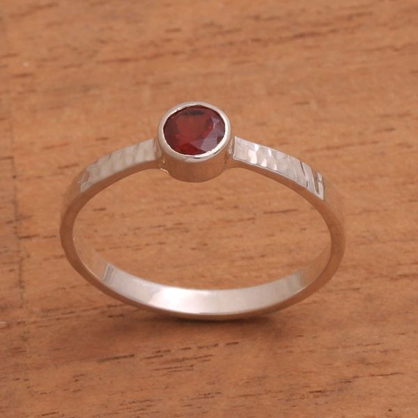 Alternate image for Garnet and Sterling Silver Hammered Solitaire Ring Pretty Paradox