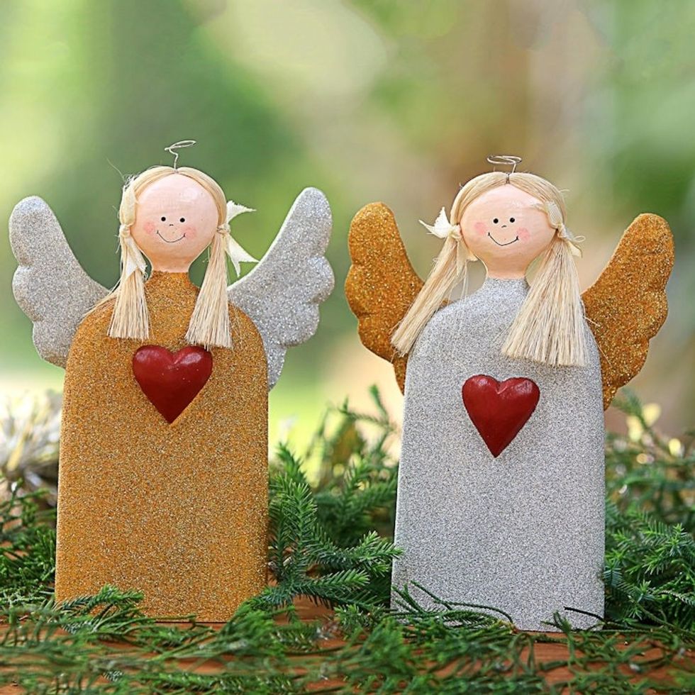 Gold and Silver Wood Angel Statuettes from Bali Pair 'Love Angels'