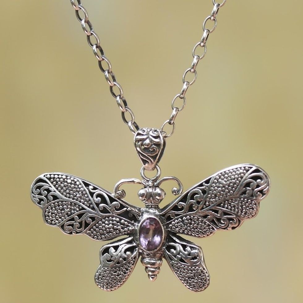 Amethyst and Sterling Silver Butterfly Pendant Necklace 'Elaborate Butterfly'