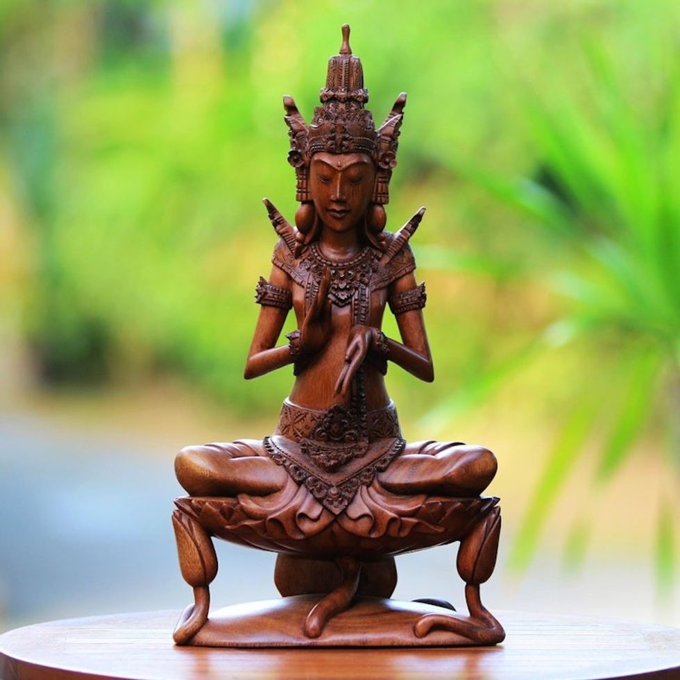 Wood Sculpture of Hindu God Indra on a Lily from Bali 'Indra on Lily'