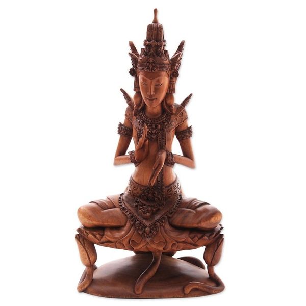 Alternate image for Wood Sculpture of Hindu God Indra on a Lily from Bali Indra on Lily