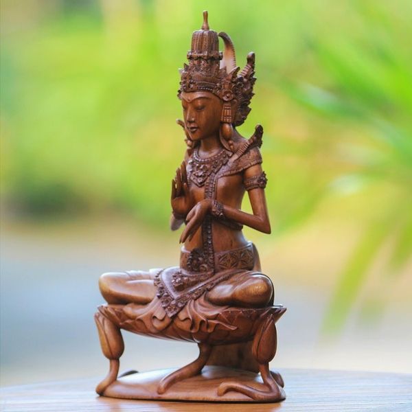 Alternate image for Wood Sculpture of Hindu God Indra on a Lily from Bali Indra on Lily