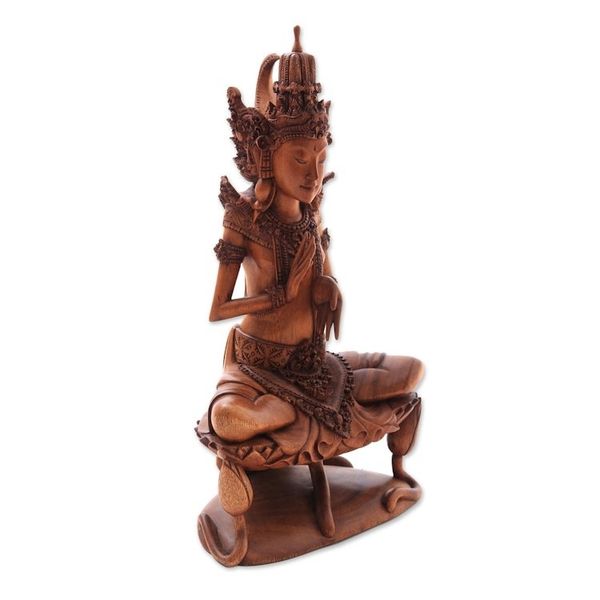 Alternate image for Wood Sculpture of Hindu God Indra on a Lily from Bali Indra on Lily