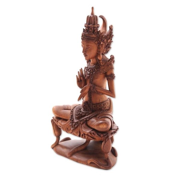 Alternate image for Wood Sculpture of Hindu God Indra on a Lily from Bali Indra on Lily