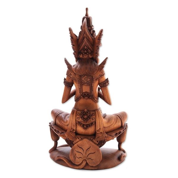 Alternate image for Wood Sculpture of Hindu God Indra on a Lily from Bali Indra on Lily