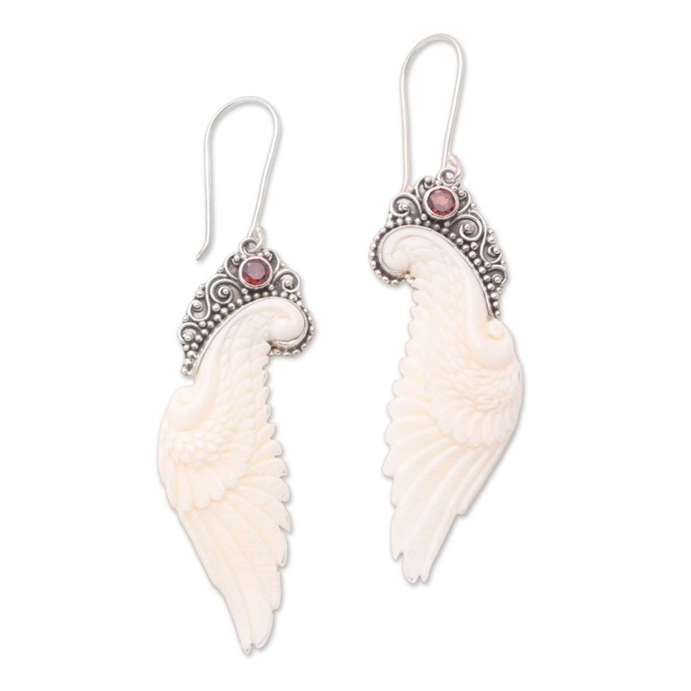 Garnet and Bone Wing Dangle Earrings from Bali 'Free Angel'