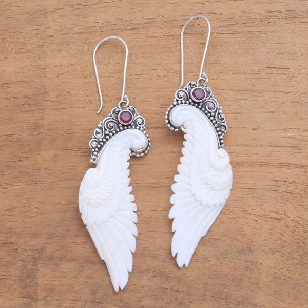 Alternate image for Garnet and Bone Wing Dangle Earrings from Bali Free Angel