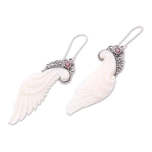 Alternate image for Garnet and Bone Wing Dangle Earrings from Bali Free Angel