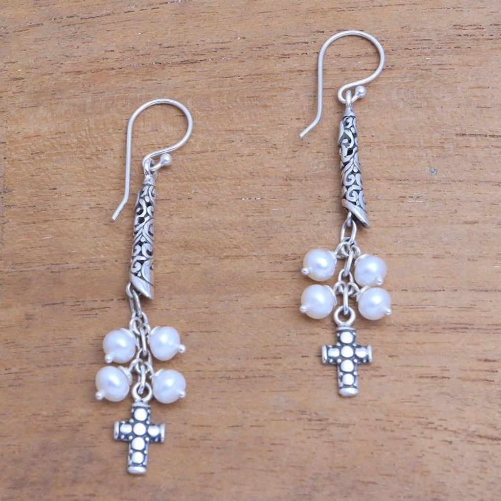 Cultured Pearl Cross Dangle Earrings from Bali 'Heavenly Design'