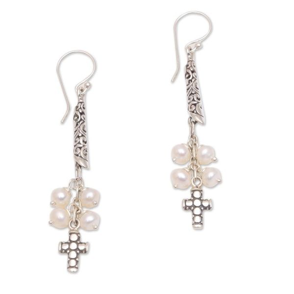 Alternate image for Cultured Pearl Cross Dangle Earrings from Bali Heavenly Design