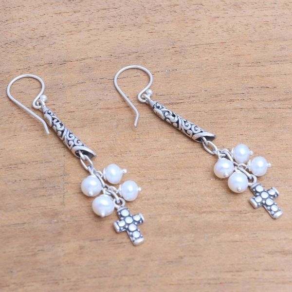 Alternate image for Cultured Pearl Cross Dangle Earrings from Bali Heavenly Design