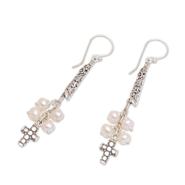 Alternate image for Cultured Pearl Cross Dangle Earrings from Bali Heavenly Design