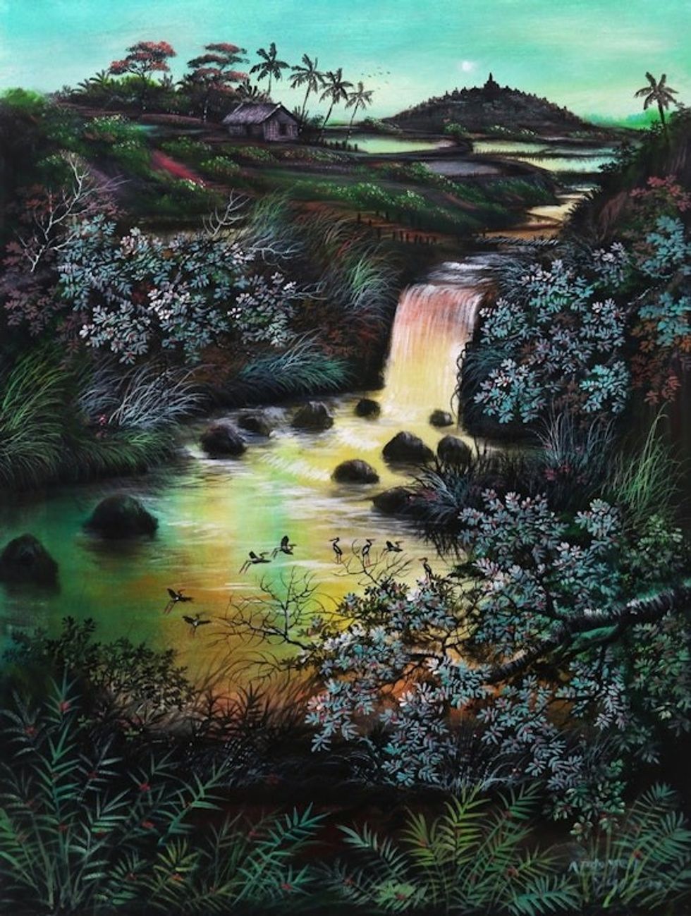 Signed Impressionist Landscape Painting from Java 'Lakeside Borobudur'