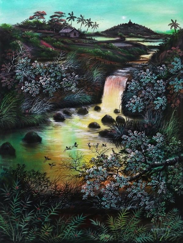 Alternate image for Signed Impressionist Landscape Painting from Java Lakeside Borobudur